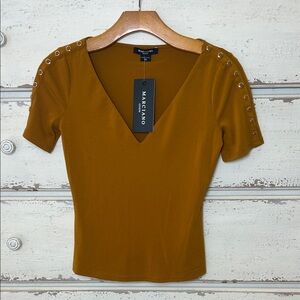 Marciano Guess Brown V-Neck Crop Top XS Chic Button Sleeve Detail NWT
